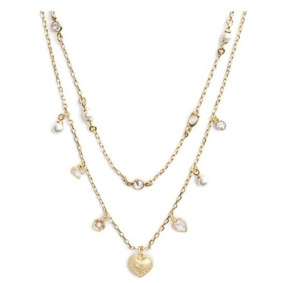 NEW COACH Faux Stone Signature Charm Layered Necklace 15in Heart Dangle Gold